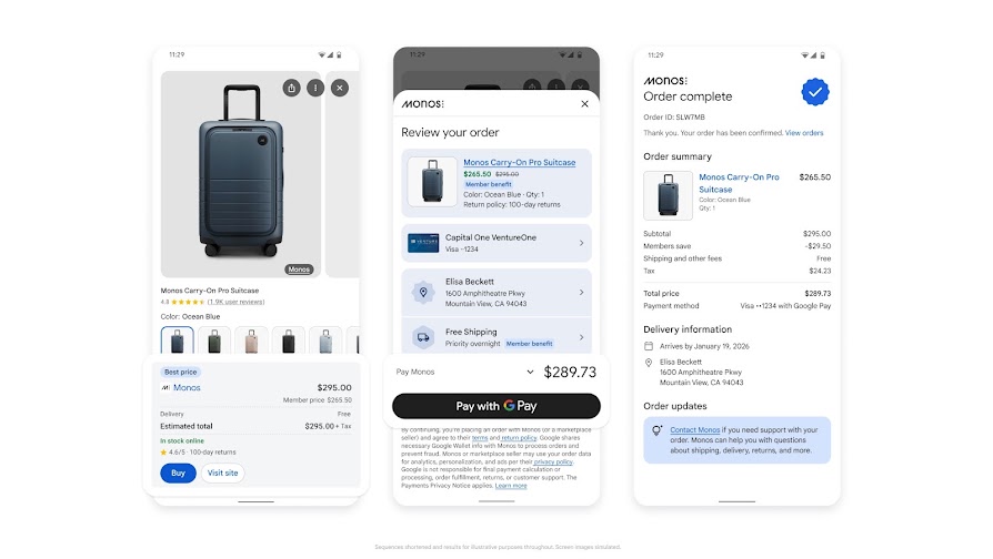 Las tres pantallas del checkout con UCP en Google: la ficha de producto con los botones Buy y Visit site, la revisión del pedido con Pay with Google Pay, y la confirmación de compra.